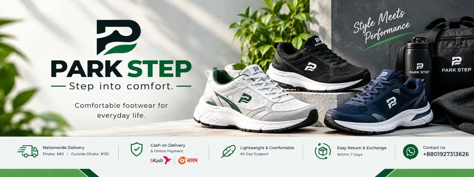 Park Step. Step into comfort. Shoes, delivery, and contact details.